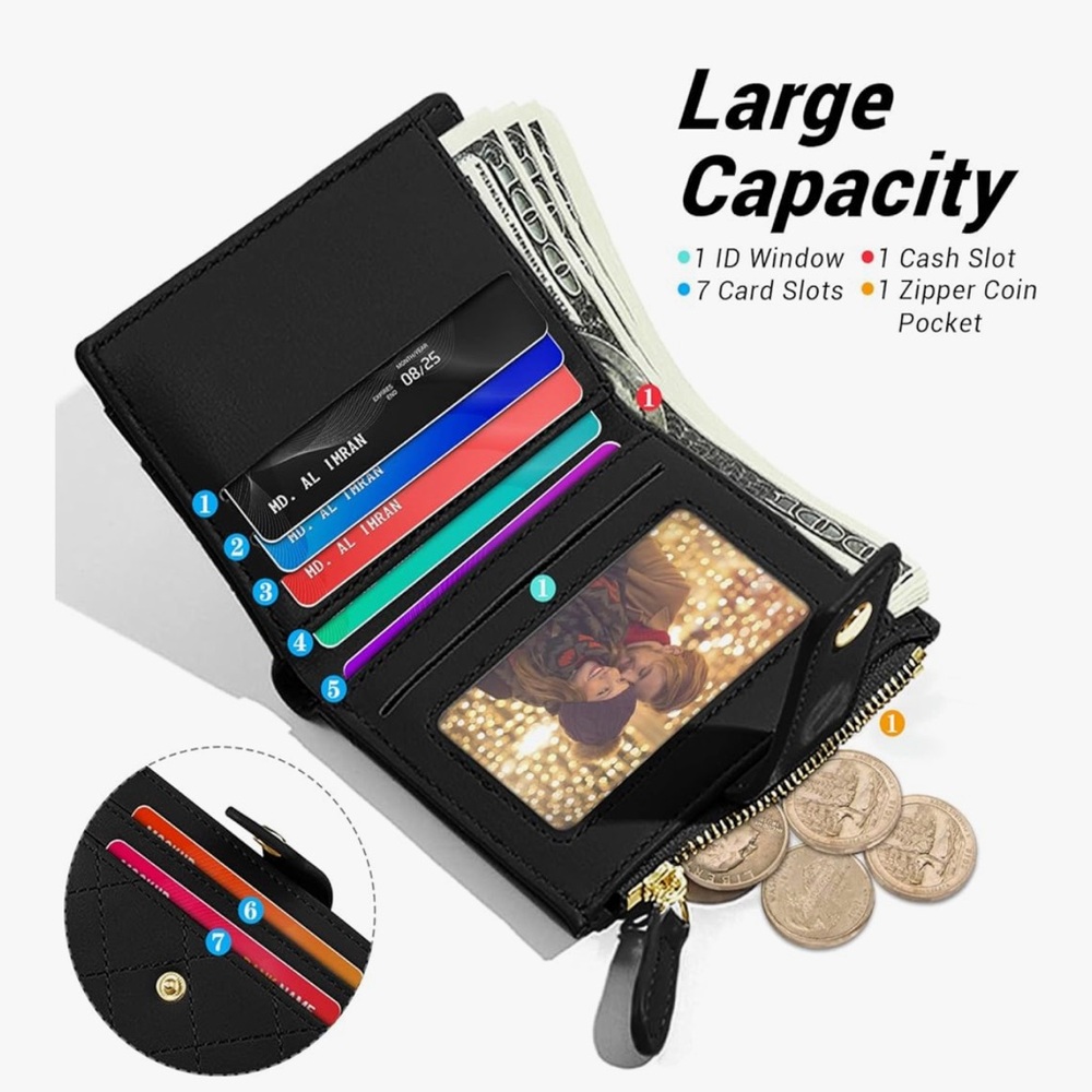 🆕 Women Wallet, Small Slim PU Leather Bifold Wallet with Zipper Coin Pocket - Picture 7 of 7